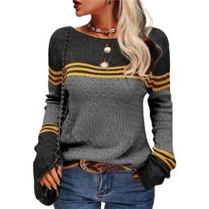 Womens Fall Sweater Colorblock Striped Crewneck Lightweight Pullover Top